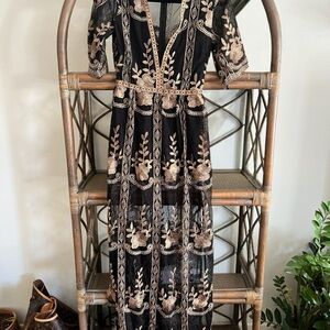 VENUS Black Maxi Dress with Gold Floral Embroidery
